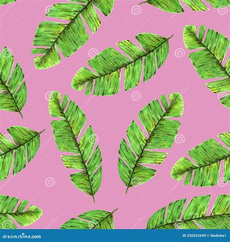 Hand Drawn Tropical Seamless Pattern Green Palm Leaves On A Bright