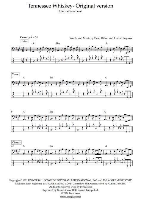 Tennessee Whiskey Original Version Intermediate Level Chris Stapleton Bass Tabs