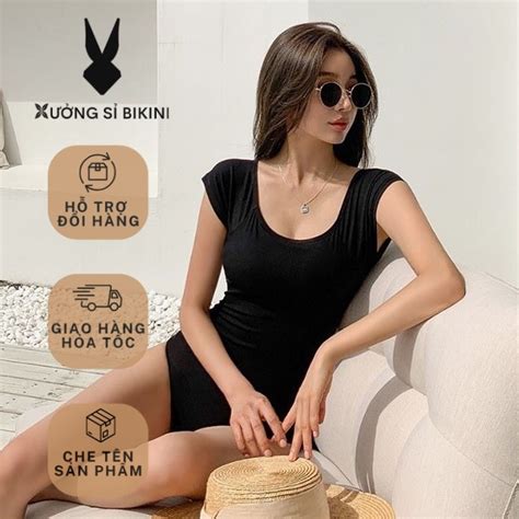 BIKINI 1 MẢNH NỮ Đồ bơi liền mảnh trễ vai tay con kín đáo mặc được nhiều kiểu màu đen sang