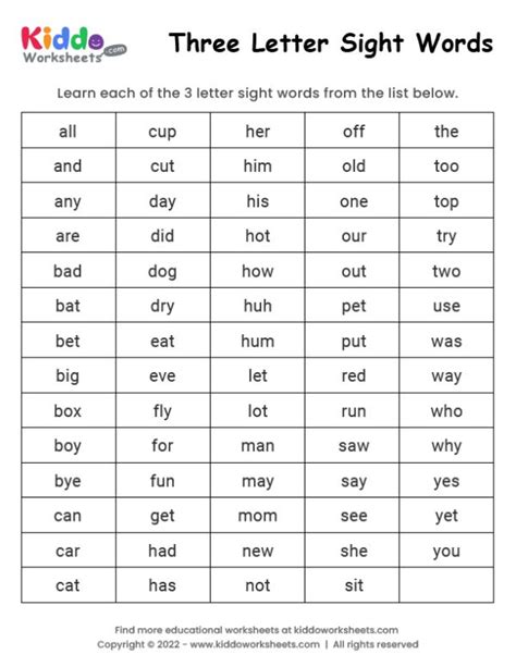 Three Letter Sight Words For Kids