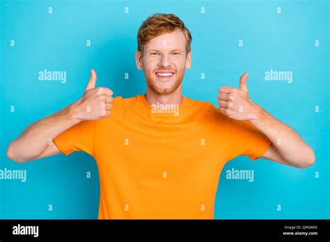 Photo Of Optimistic Cheerful Handsome Man Red Hairdo Dressed Orange T