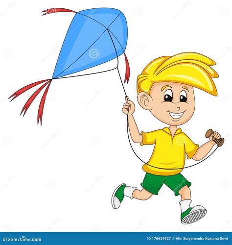 A Boy Fly A Kite Cartoon Vector Illustration Stock Vector