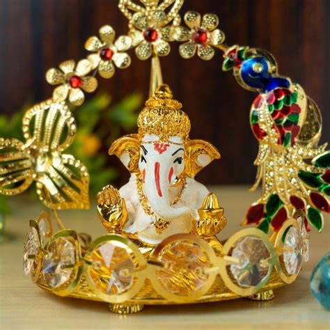 Multicolor Ceramic Morpankh 24kt Gold Plated Ganesha Idol On Round