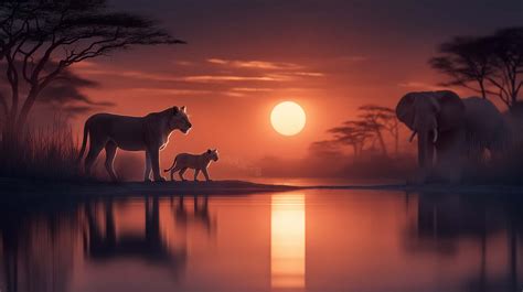 african savannah sunrise  lioness cub  elephant