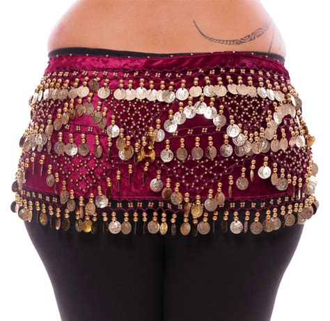 1x 4x Plus Size Velvet Belly Dance Gold Coin Hip Scarf Belt In Burgundy