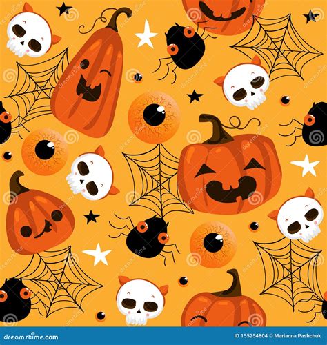 Halloween Seamless Pattern With Cute Pumpkins And Other Halloween