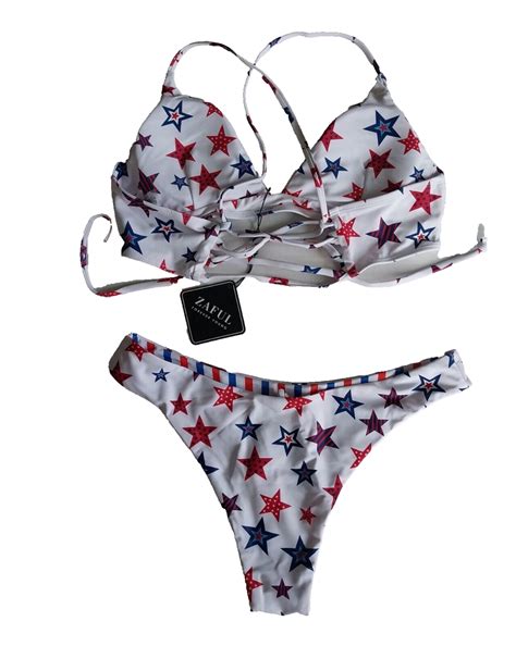 New Zaful Forever Young Womens Us 6 High Leg Bikini Set Red White Blue