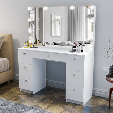 Boahaus Freya White Drawer Vanity Dressing Table With Lighted Mirror