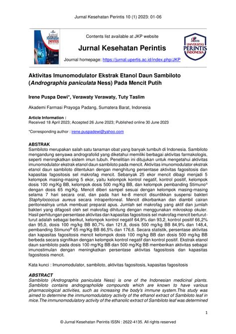 Pdf Aktivitas Imunomodulator Ekstrak Etanol Daun Sambiloto