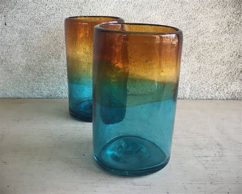 Two Drinking Glasses Mexican Blown Glass Tumblers Teal Amber Chunky Glass Southwestern Decor