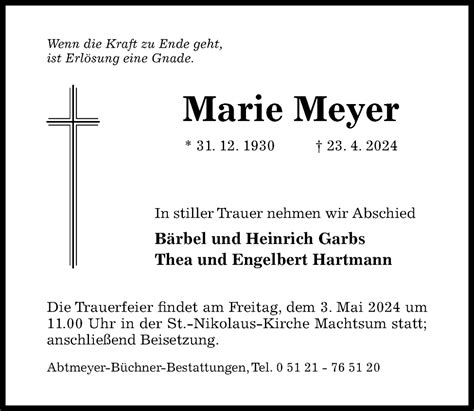 Traueranzeigen Von Marie Meyer Trauerportal Hildesheimer Allgemeine