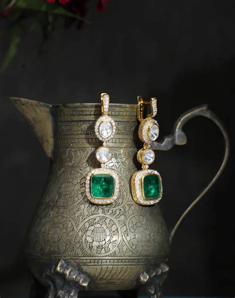 Buy Sterling Silver Moissanite Polki Earrings With Emerald Colored