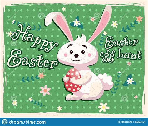 Retro Happy Easter Poster Greeting Card With Rabbit Bunny Egg Stock Vector Illustration Of