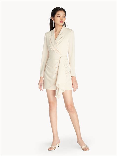 Ruched Side Ruffle Blazer Dress Cream Pomelo Fashion