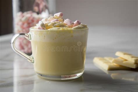 Hot White Chocolate With Whipped Cream Cocoa Bar And Marshmallows On