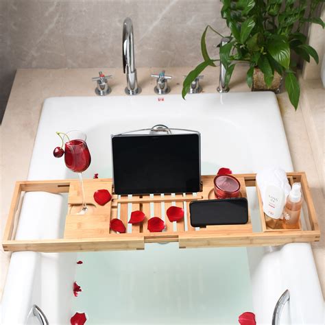 Bamboo Bathtub Caddy Tray Extendable Spa Organiz Grandado