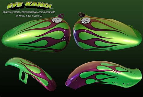 Green Pearl With Purple Pearl Black Edged Flames Motorcycle Custom