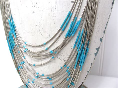 Vintage Navajo Liquid Silver Multi Strand Turquois Gem