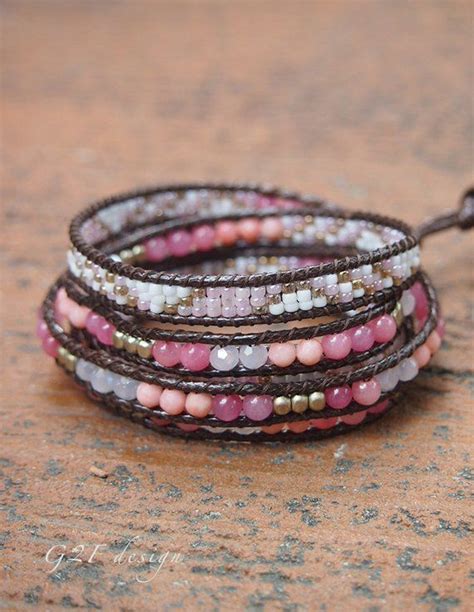 Pink Mix Wrap Bracelet On Brown Cord Seed Beaded Boho Wrap Bracelet