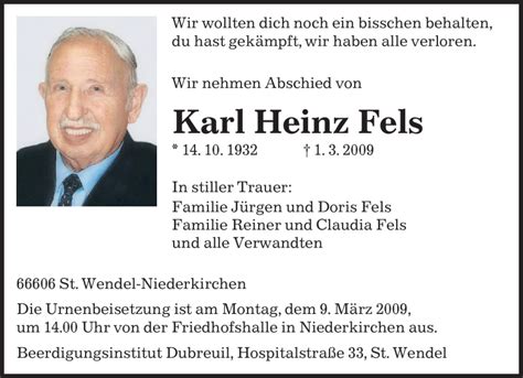 Traueranzeigen Von Karl Heinz Fels Saarbruecker Zeitung Trauer De