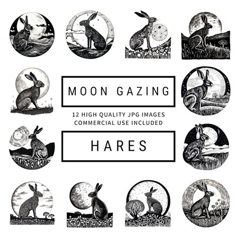 Linocut Style Moon Gazing Hare Clipart High Quality Jpgs Digital