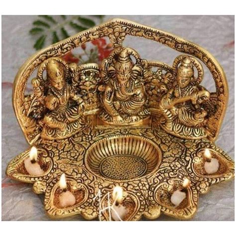 Brass Metal Laxmi Ganesh Saraswati With Diya For Worship Size Inch