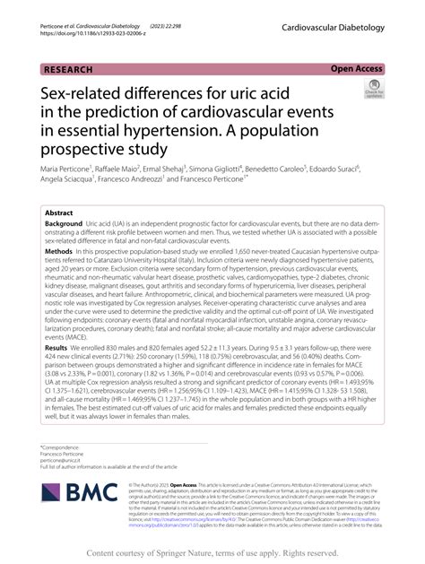 Pdf Sex Related Differences For Uric Acid In The Prediction Of