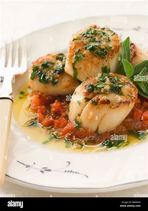 Pan Fried Scallops Piperade and Garlic Butter Stock Photo - Alamy