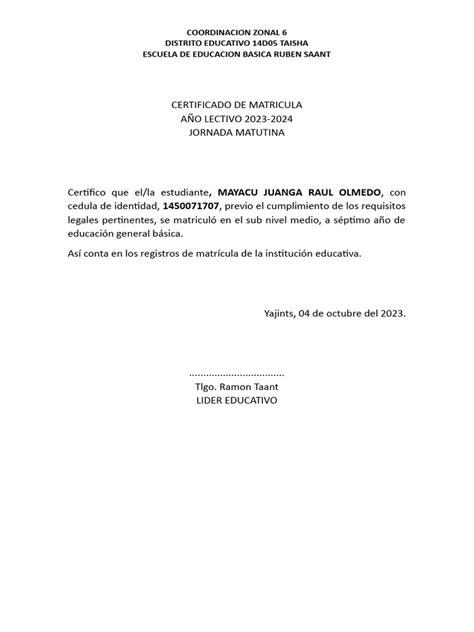 Certificado De Matricula Pdf