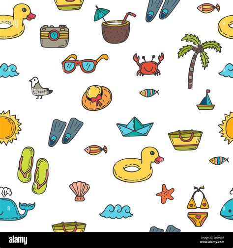 Seamless Summer Pattern With Hand Drawn Beach Icons Vector Beach