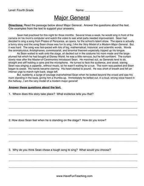 Major General Reading Comprehension Worksheet Have Fun Teaching