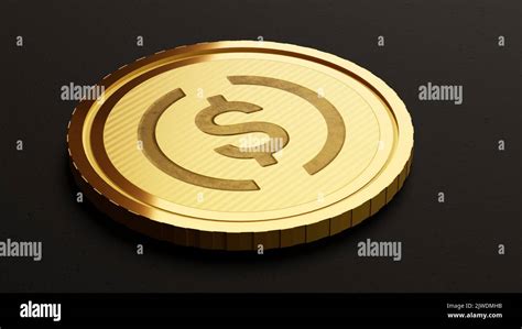 USD Coin In Shape Of Golden Metal Coin On Black Background 3D