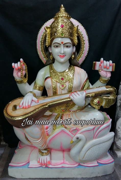 White Painted Maa Saraswati Marble Statue For Temple Size 2 Feet At