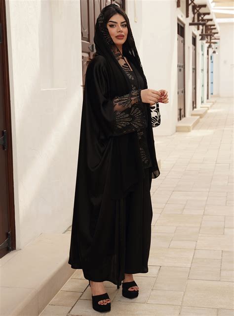 Crystals Abaya Black Silk Abaya With Multi Colored Crystal