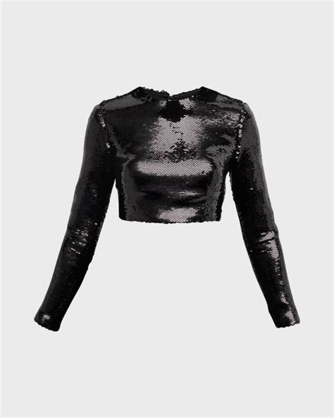 Monique Lhuillier Long Sleeve Sequin Crop Top Neiman Marcus