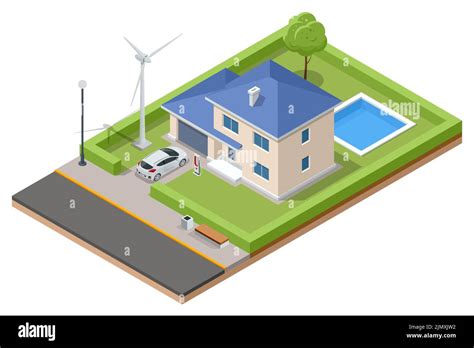 Isometric Modern House With Solar Panels And Wind Turbines Green Eco