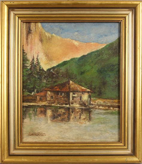 Paesaggio Montano Con Casolare Olio Su Tavola Cm 32x27 Firmato