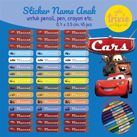 Jual Sticker Label Nama Anak Pen Pensil Crayon Cars Shopee Indonesia