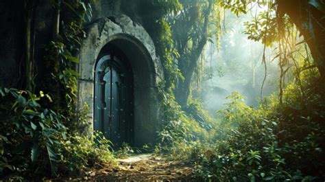 Premium Ai Image A Mysterious Doorway In The Enchanting Green Forest