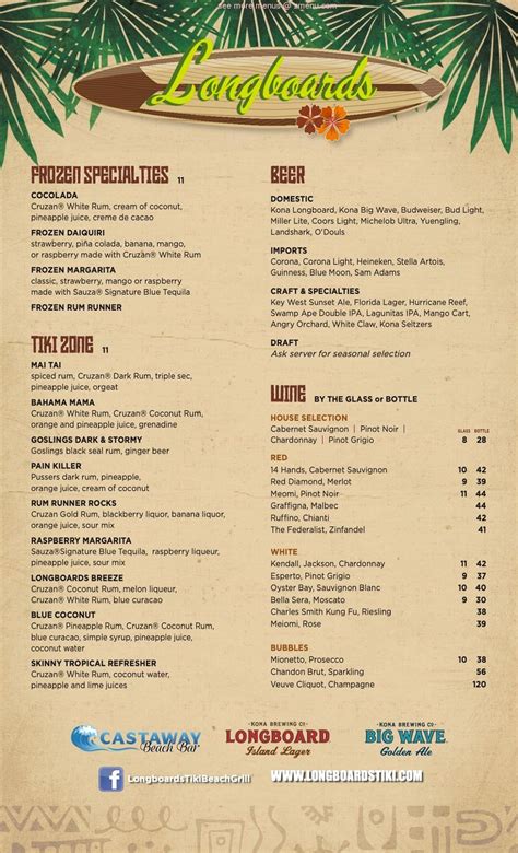 Menu at Longboards Tiki Beach Grille pub & bar, Cocoa Beach, 1550 N ...