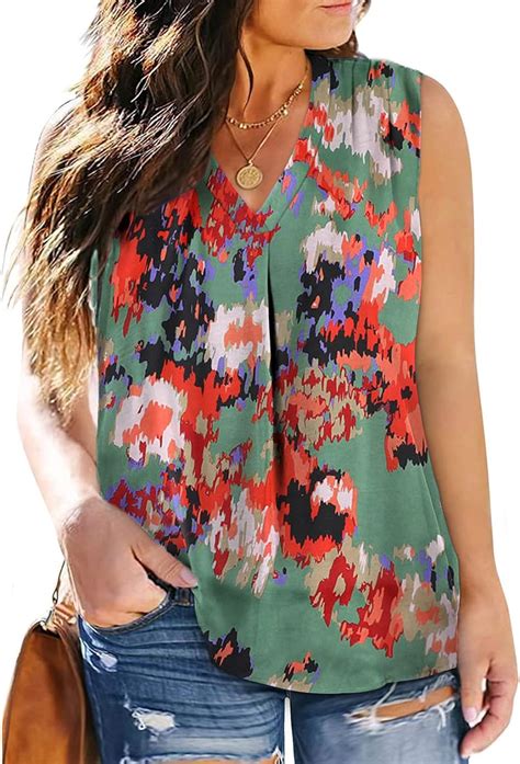 Eytino Womens Plus Size Sleeveless Floral Printed Tank Tops Blouse