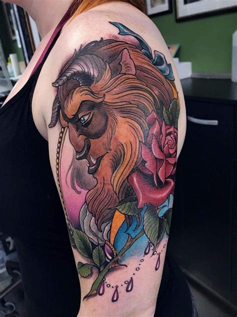 Awsome Neotraditional Disney Beauty And The Beast Tattoo By Inkdeluxe