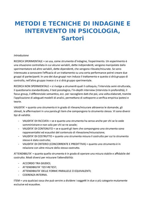 Metodi E Tecniche DI Indagine E Intervento IN Psicologia Sartori