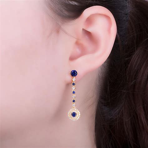 Fusion Sapphire And Diamond Halo 18k Yellow Gold Stud Drop Earrings Set