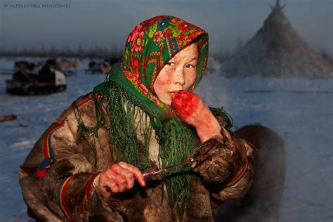 Eurasia: Nenets girl eating raw reindeer meat, Siberia, Russia ...