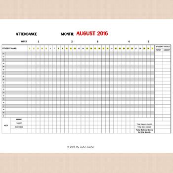 Monthly Attendance Sheet Editable By My Joyful Teacher Tpt