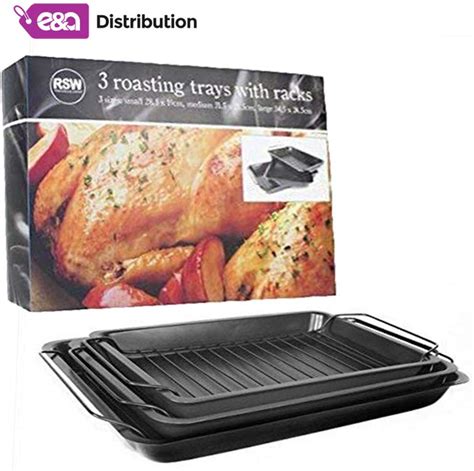 3 Roasting Trays With Racks Non Stick Oven And Grill Cooling Racks