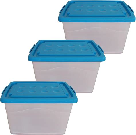 Pack Of 3 Wheelie Box Plastic Case Storage Crate With Clip Lid 90 L