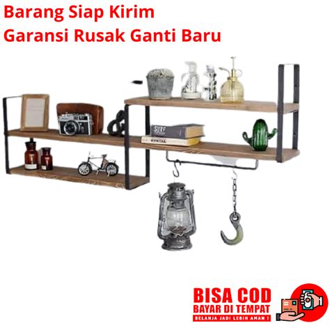 Triple Rak Dinding Besi Dan Kayu Panjang Luas Minimalis Vintage Retro