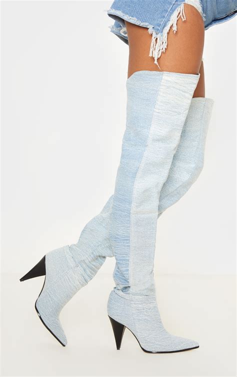 Denim Cone Heel Slouch Thigh Boot Shoes Prettylittlething